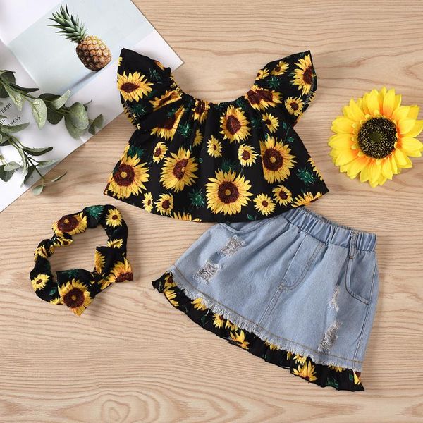 

toddler kids clothes summer cotton baby girls set t-shirt denim skirt outfits headbands 3pcs 0-3y clothing sets, White