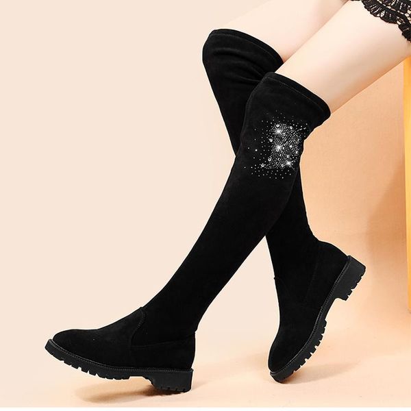 

boots winter knee-length tight-fitting row wind knight round toe women's combat trend velvet warm, Black