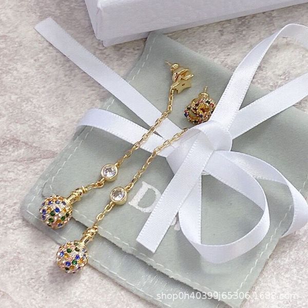 

special offer 75% off outlet online new round ball set color letter brass chain long earrings for women, Golden