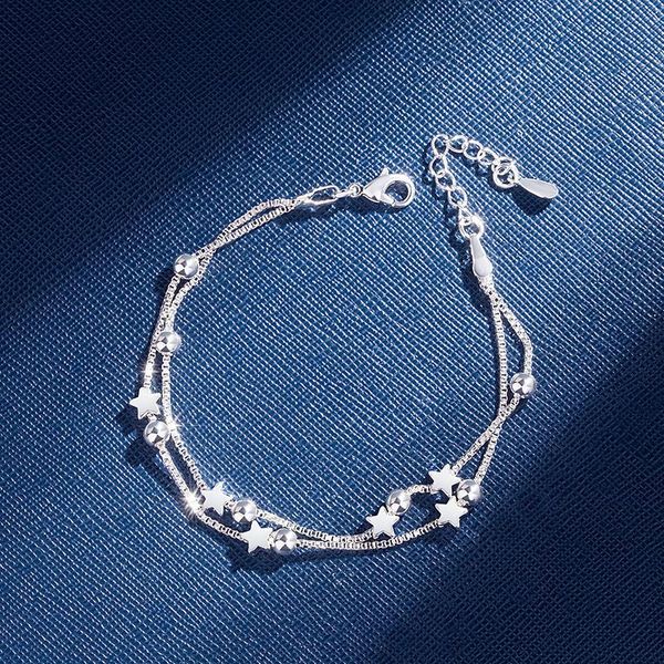 

link, chain 2021 925 sterling silver double layers stars beads bracelets for women elegant box charm bracelet birthday party gift, Black
