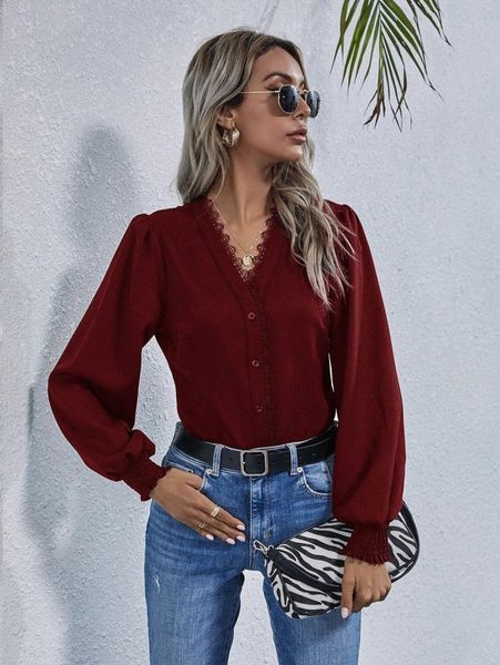

contrast guipure lace button front puff sleeve blouse r7jw#, White