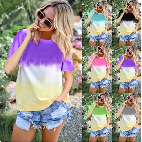 

women's t-shirt womens summer short sleeve patchwork sotton o neck loose fasion tre-dyed casual harajuku, White