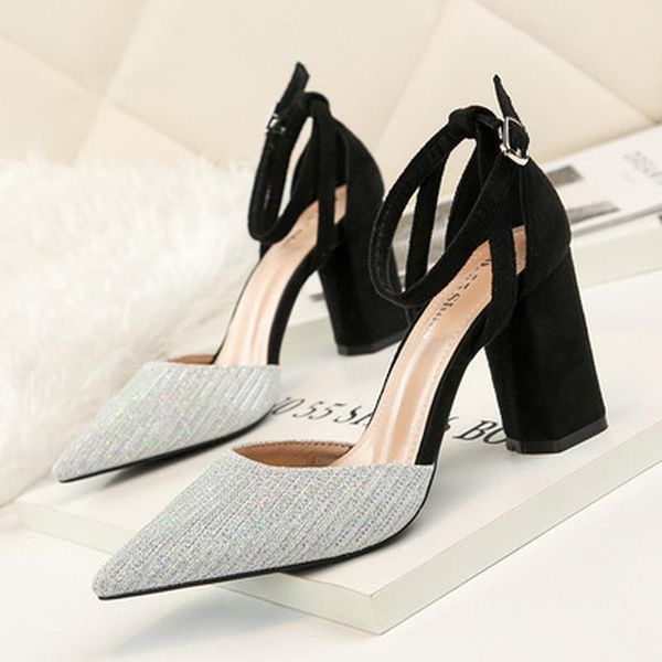 

dress shoes 2021 high heels women pumps block ladies sandals buckle female, Black
