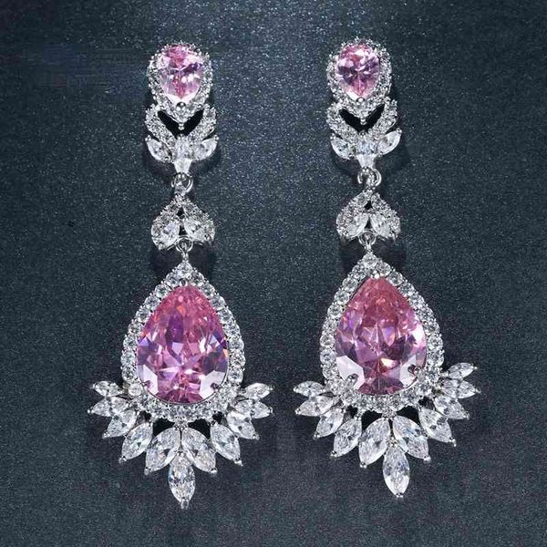

brand luxury pink 3 colors crystal earrings pear cut long drop women wedding earring with cubic zirconia jewelry, Golden