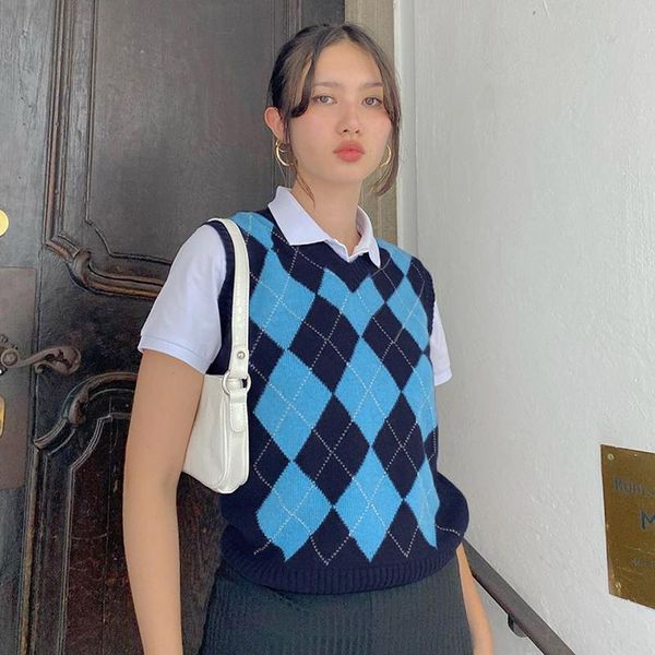 

sweaters argyle pattern knitted sweater vest women england style plaid y2k clothes v neck 90s knitwear autumn winter, White;black