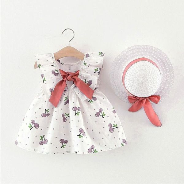 

girl's dresses baby girl clothes summer party clothing for toddler kids girls sleeveless cherry dot princess bow hat outfits1, Red;yellow
