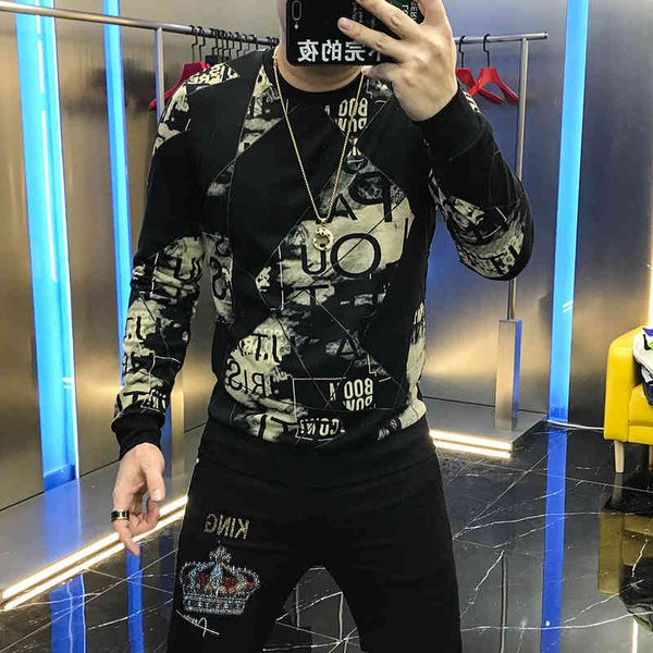 

hoodies autumn european season for men graffiti letter impression manga crew neck upper male shirt, Black
