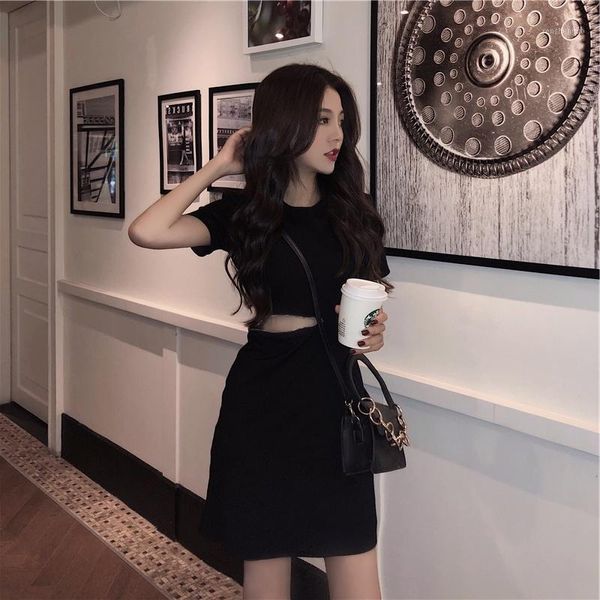 

casual dresses hepburn style little black dress club women's 2021 summer slim fit thin looking cool sneaky design waist hollow-out, Black;gray
