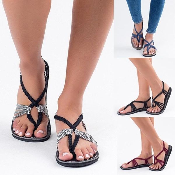 

slippers explosion large size summer european and american beach clip toe rope knot flat ladies sandals, Black