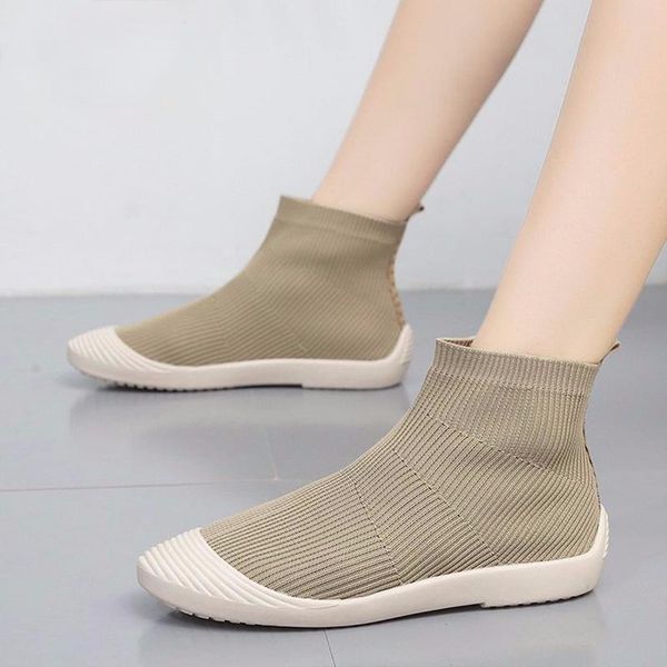

boots 2021 ankle women shoes woman elastic socks round toe flat knitted, Black