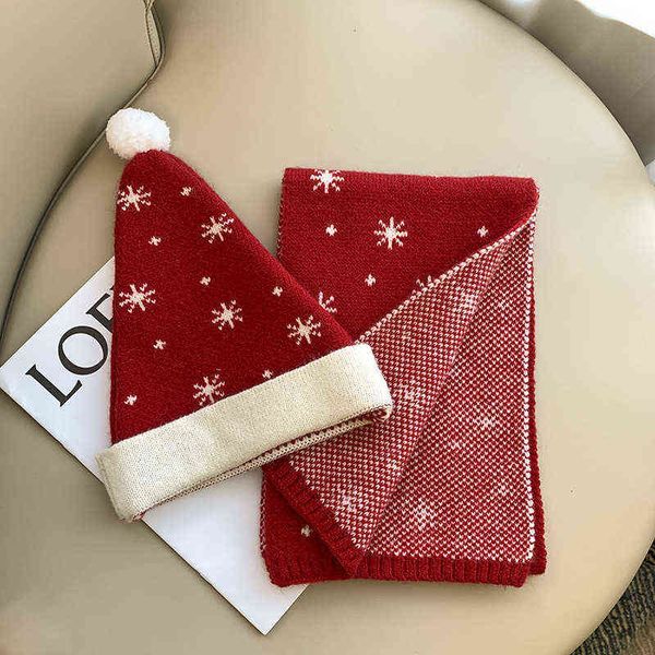 

scarves winter red snowflake knitted children's warm and friendly double-sided scarf wool ball hat two-piece set, Blue;gray