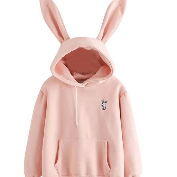 

Women' rabbit ear cute sweater Embroidered Fleece Jacket Hooded, White