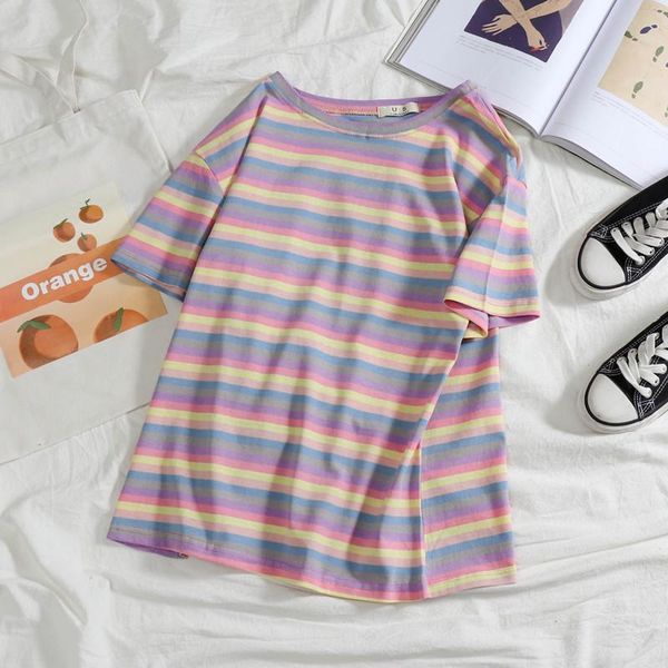 

women's t-shirt t-shirts women striped short sleeve o-neck simple korean style loose fashion womens clothing all-match leisure summer s, White