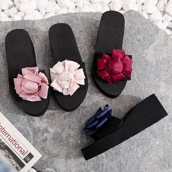 

women summer beach sandals indoor outdoor flip-flops beach shoes fashion female casual crystal flower high heel slippers, Black