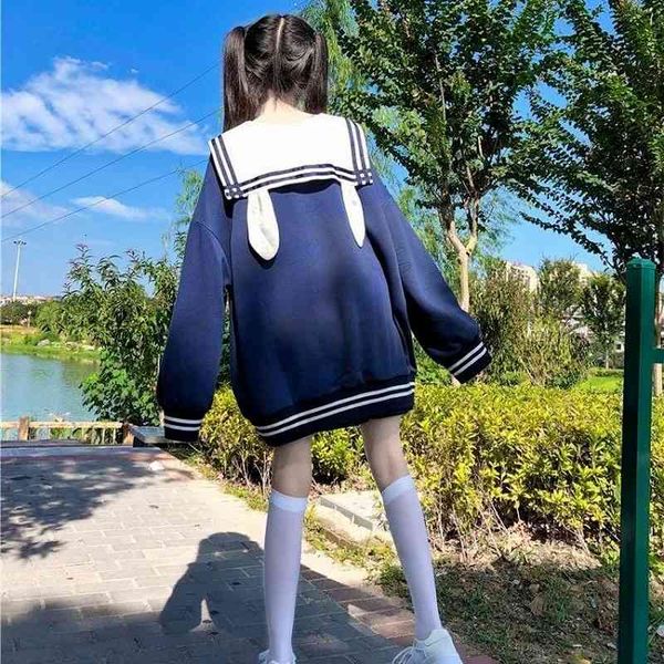 

women hoodie qweek bunny kawaii sailor collar sweatshirt with lush sleeves korean 2021 casual e girl bow tracksuit cute new, Black