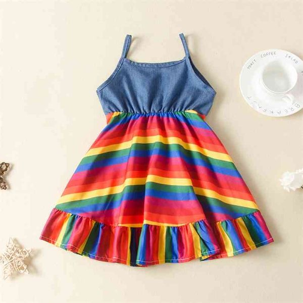 

summer girls dress cute strap denim striped rainbow muti vestidos 2-9t 210629, Red;yellow