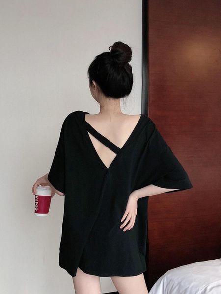 

women's t-shirt halter women 2021 hong kong style loose hollow casual round neck fashion pure cotton short sleeves, White