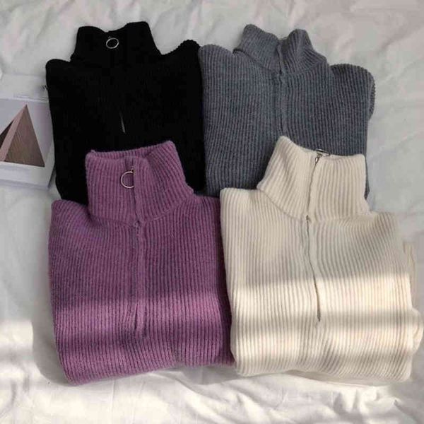 

women's sweaters korean-style women's sungtin-sweater, zipper sweater, round collar, soft, knitted or crocheted sweaters, solid, c, White;black