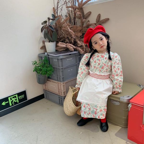 

girl's dresses hayana 2021 autumn girls clothes korean floral long sleeved dress and apron two-piece suit, Red;yellow