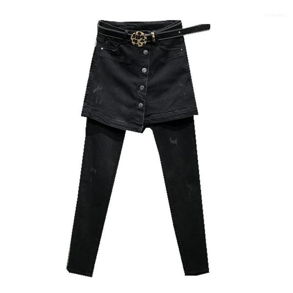

women's jeans ouqiu winter and autumn fake two-piece hip half-length high waist stretch straight denim pencil pants women no belt1, Blue