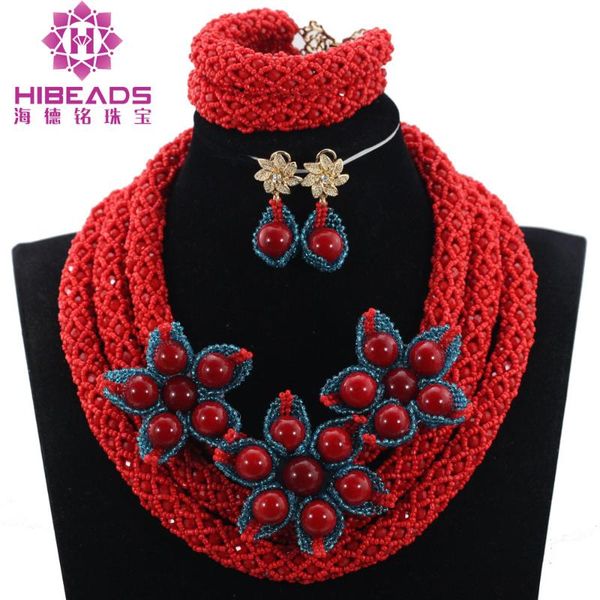 Ohrringe Halskette Mode blaublau Blume Brosche Anhänger Frauen Schmuck Set Red African Perlen Sets ABH405