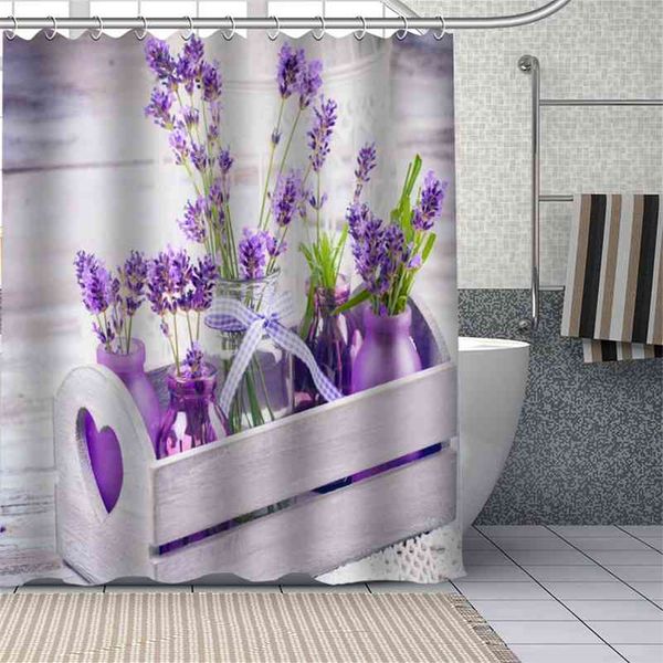 Personalizzato Bellissimi fiori di lavanda viola Tende da doccia Tessuto per tende da bagno fai da te Poliestere lavabile per vasca da bagno Art Decor 210402