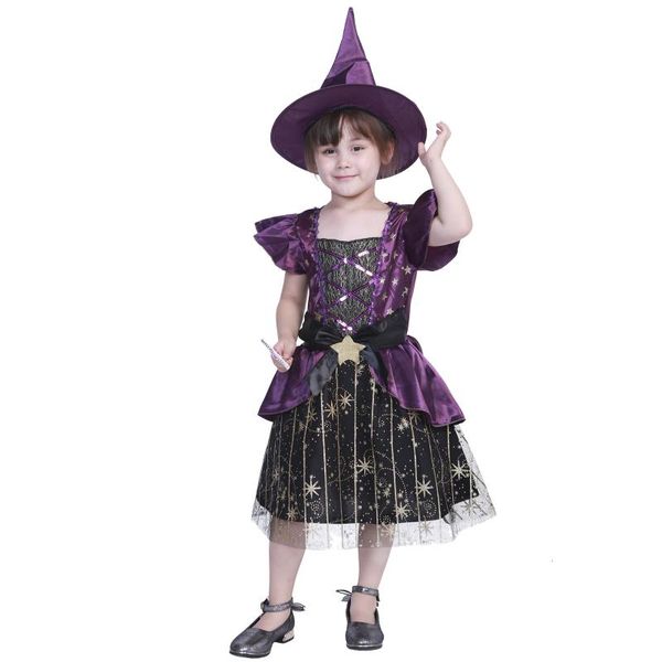 

girl's dresses 2pcs baby girls halloween outfit fancy witch dress sequin tutu tulle party with hat cosplay costumes set 4-12 years, Red;yellow