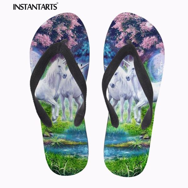 

slippers instantarts brand design 3d crazy horse print women summer home casual slip-on flats shoes woman's flips flops, Black