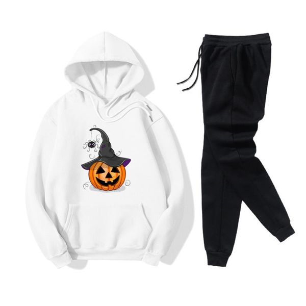 

women's two piece pants autumn clothing halloween pumpkin printed hooded pullover sweatshirt lace-up sweatpants set sweat suits arrival, White