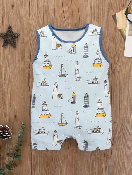 

baby lighthouse and boat print contrast binding romper she, Blue