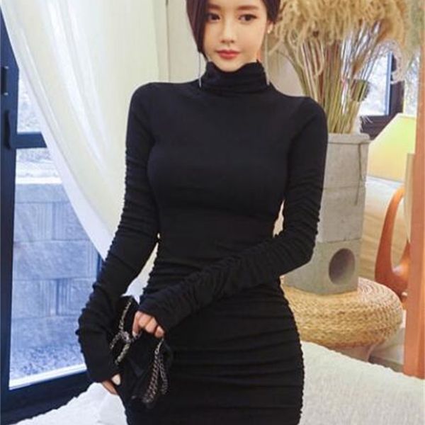 

casual dresses korean version of the fall and winter slim slimming high collar black bottoming dress yqp3, Black;gray