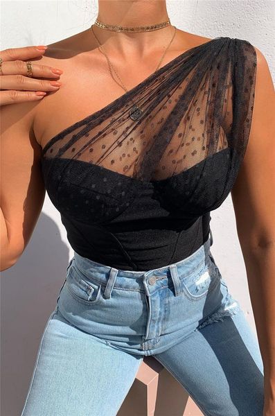 

women's tanks & camis hirigin women one-shoulder vest summer fashion mesh lace polka dot backless casual high street bustiers corsets, White