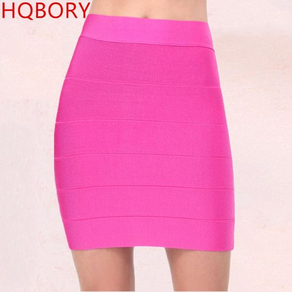 Pink High Waist Rayon elástico malha 2021 Moda sexy mulheres enxugadas tiras de lápis Mini saia de saia corporal de bandagem