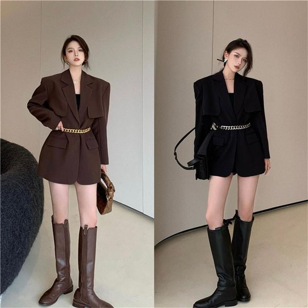 

women's suits & blazers chic lady autumn fashion black slim blazer plus size women chain belt waisted jacket suit british style retro l, White;black