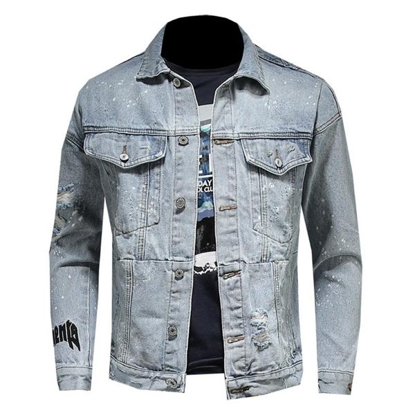 

men's jackets 2021 spring and fall fashion casual men solid color embroidery holes snowflakes slim hip hop long sleeve denim, Black;brown