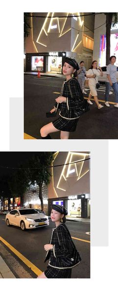 

european style autumn winter 2 short woolen tweed jacket coat black bodycon mini skirt set women two piece outfits, White