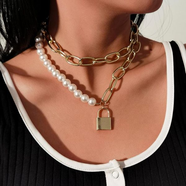 

pendant necklaces lacteo neo gothic asymmetric imitation pearl metal chain choker necklace hip hop lock for women jewelry gifts, Silver
