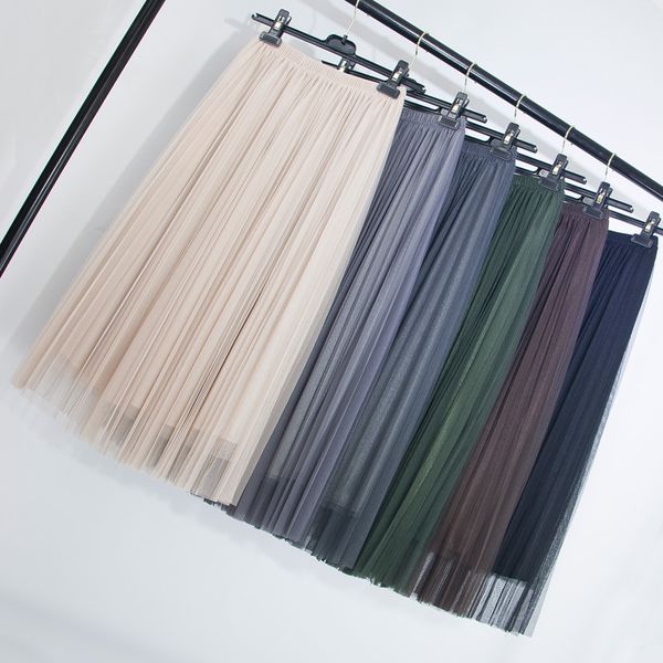 

skirts gauze skirt summer korean solid layered tulle long a-line pink coffe army green mid calf mesh x4ee, Black