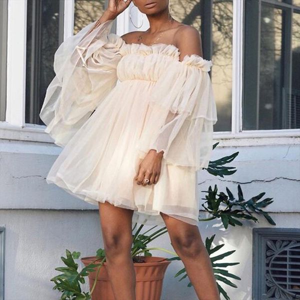 

autumn long sleeve pleated loose women dresses spring off shoulder mesh party slash neck backless mini short, Black;gray