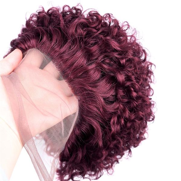 

lace wigs pixie cut wig human hair ombre burgundy transparent for women curly brazilian, Black;brown