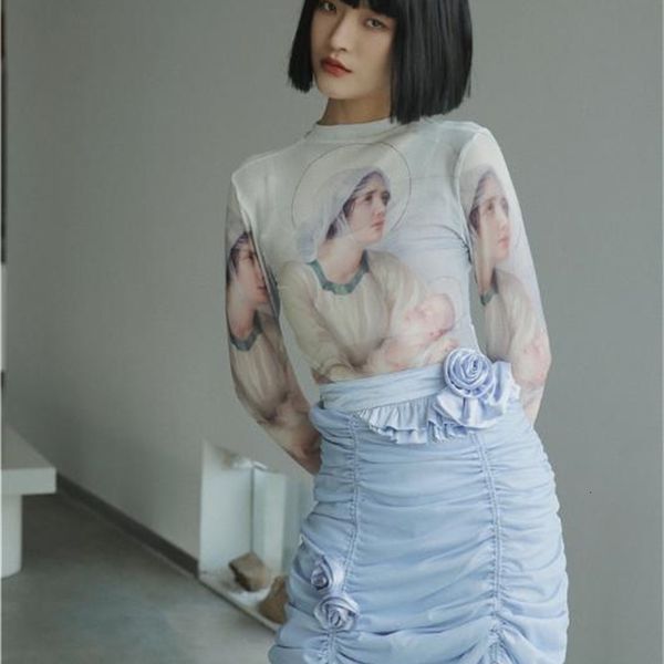 

cheerart character print tshirt mesh long sleeve t women aesthetic tight summer fashion tee shirt, White