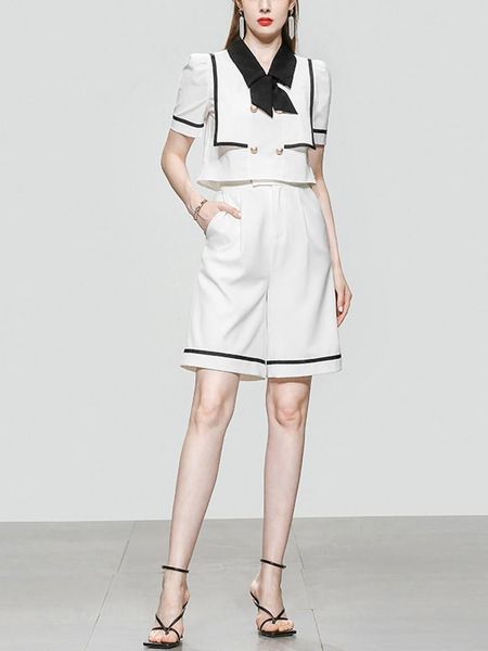 

women's tracksuits women white sets 2021 summer high waist a work knee length pants with bow collar folds puff sleeve elegant 2 piece, Gray