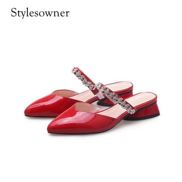 

dress shoes stylesowner korean style design red solid color with crystal woman sandals patent leather low heels pointed toe, Black