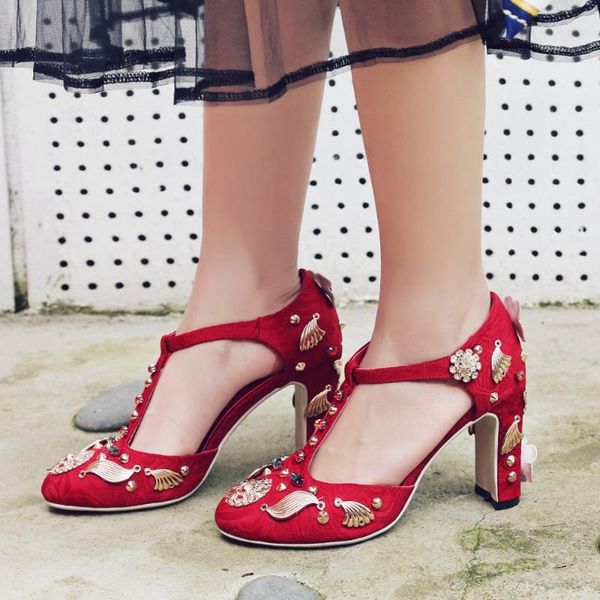 

bridal red wedding shoes t strap crystal 7cm chunky high heels valentine fashion design black formal dress pumps stilettos