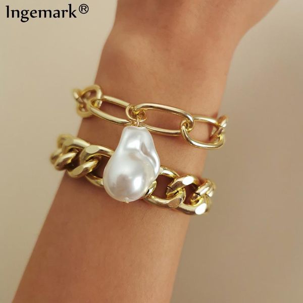 

link, chain goth vintage baroque pearl pendant bracelets bangles women wedding punk chunky lock bracelet friends hand jewelry gifts, Black