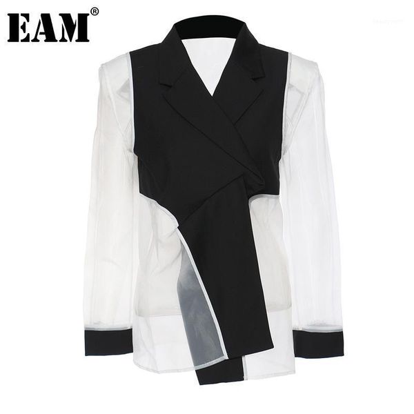 

women's suits & blazers [eam] women black organza perspective blazer lapel long sleeve loose fit jacket fashion tide spring autumn 2021, White;black