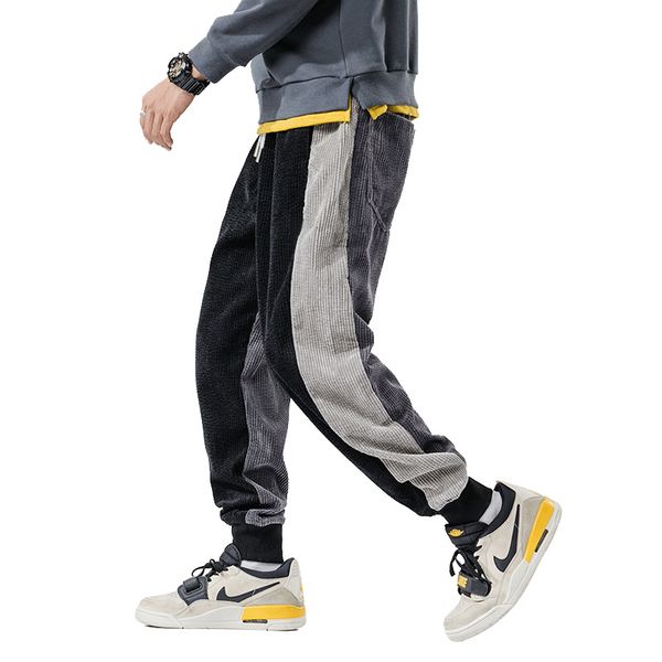 

male winter velvet corduroy pants loose straight line hip hop sweatpants corridors, Black