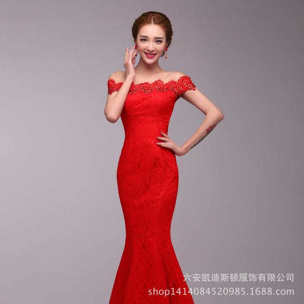

luxury party evening dress toast cheongsam 2021 spring and summer bride wedding slim one shoulder fishtail korean long evening, Black;gray