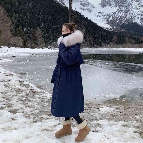 

winter large hooded faux fur collar long down coat 90% white duck jackets parkas vintage loose thick warm outwear 210519, Black