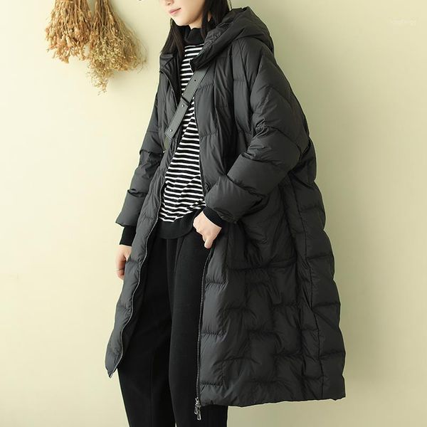 

women's down & parkas 2021 women winter fashion mid-long warm hooded outwear female white duck jackets ladies solid color loose coats q, Black